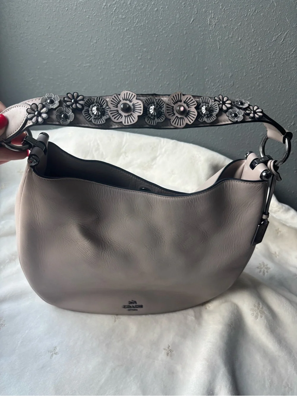 Coach Hobo Shoulder Bag in Pale Gray/Beige with Floral Accent Strap